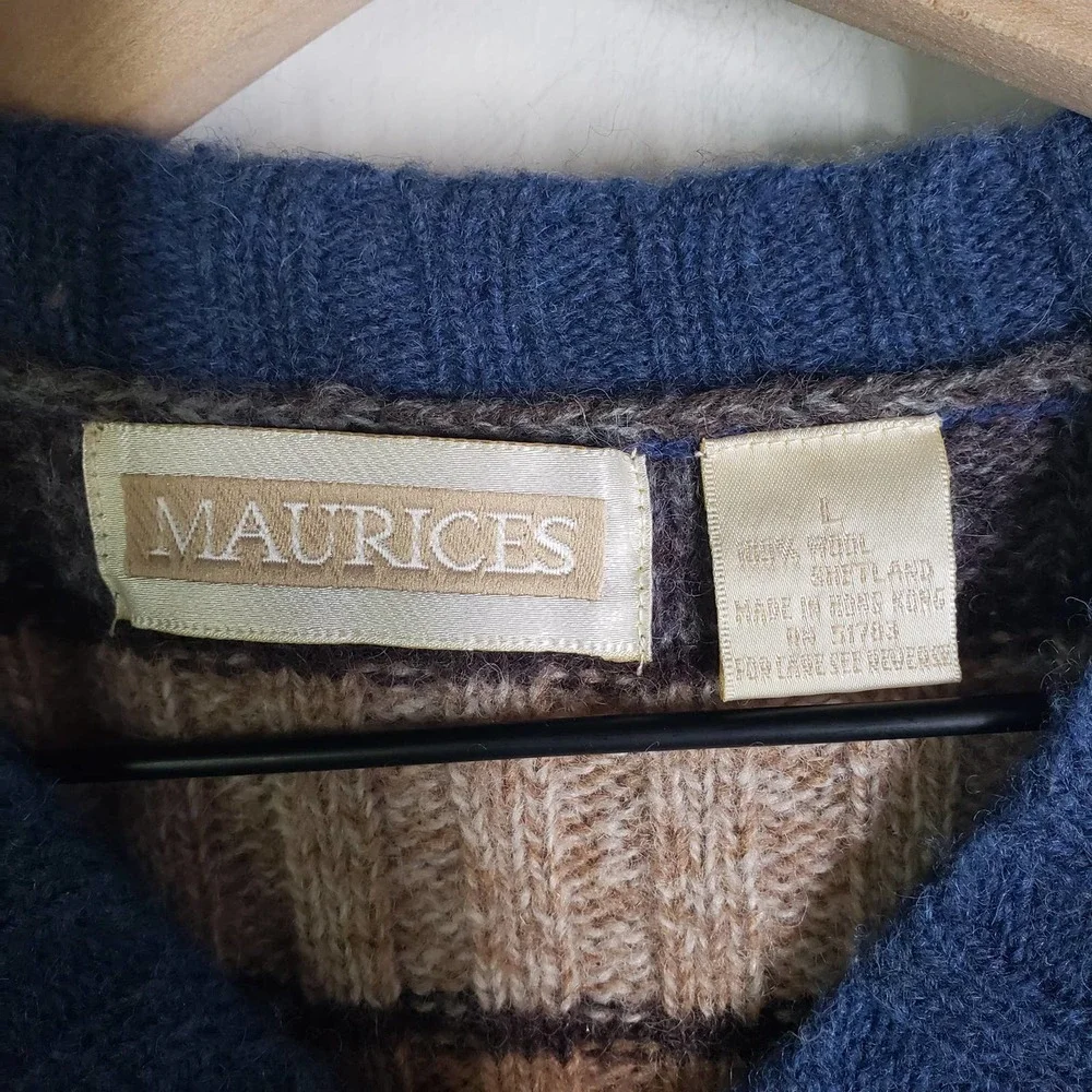 Vintage Maurices Stripe Sweater Vest L Blue‎ Brown Tan Wool